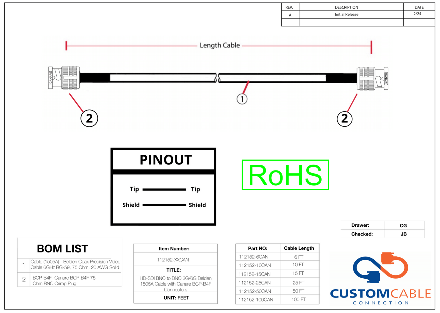 HD-SDI BNC to BNC 3G/6G Belden 1505A Cable with Canare BCP-B4F Connectors
