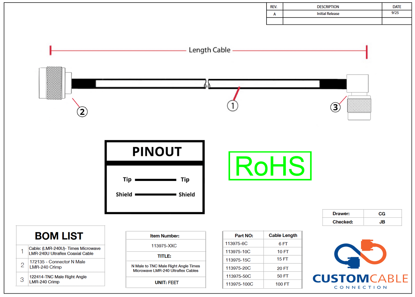 N Male to TNC Male Right Angle Times Microwave LMR-240 Ultraflex Cables