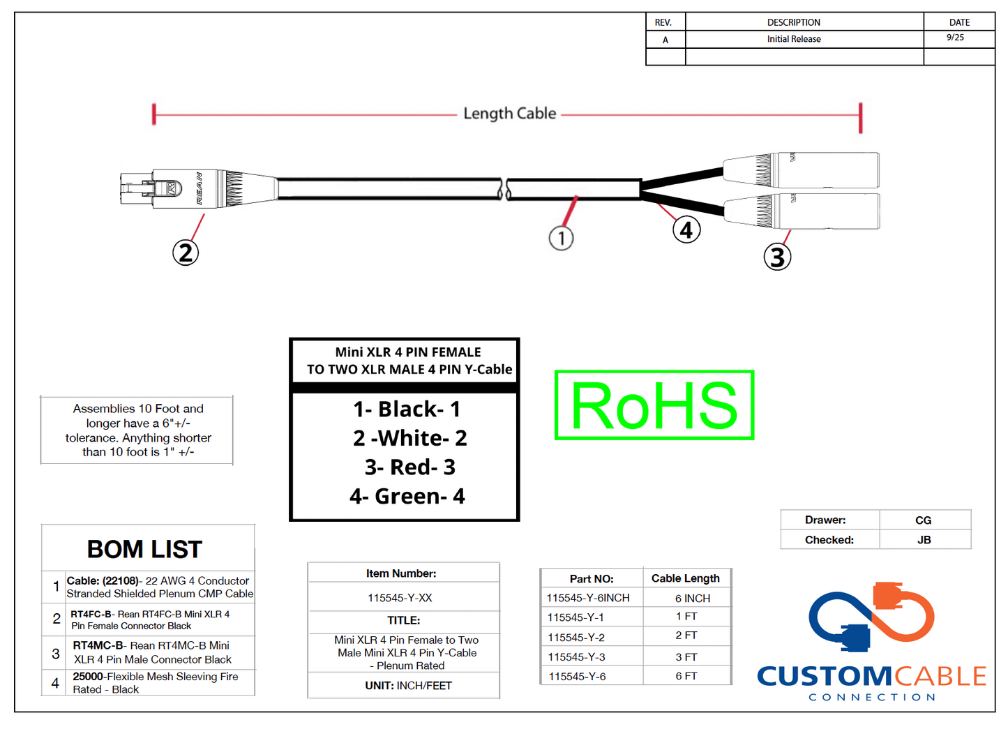 Mini XLR 4 Pin Female to Two Male Mini XLR 4 Pin Y-Cable - Plenum Rated