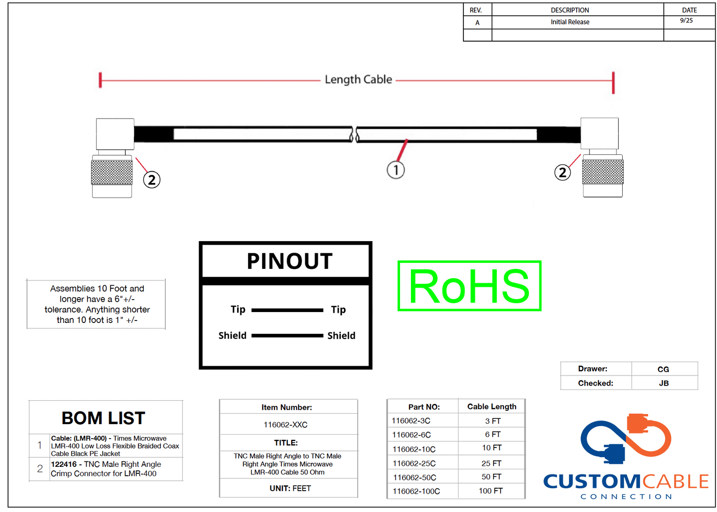 TNC Male Right Angle to TNC Male Right Angle Times Microwave LMR-400 Cable 50 Ohm