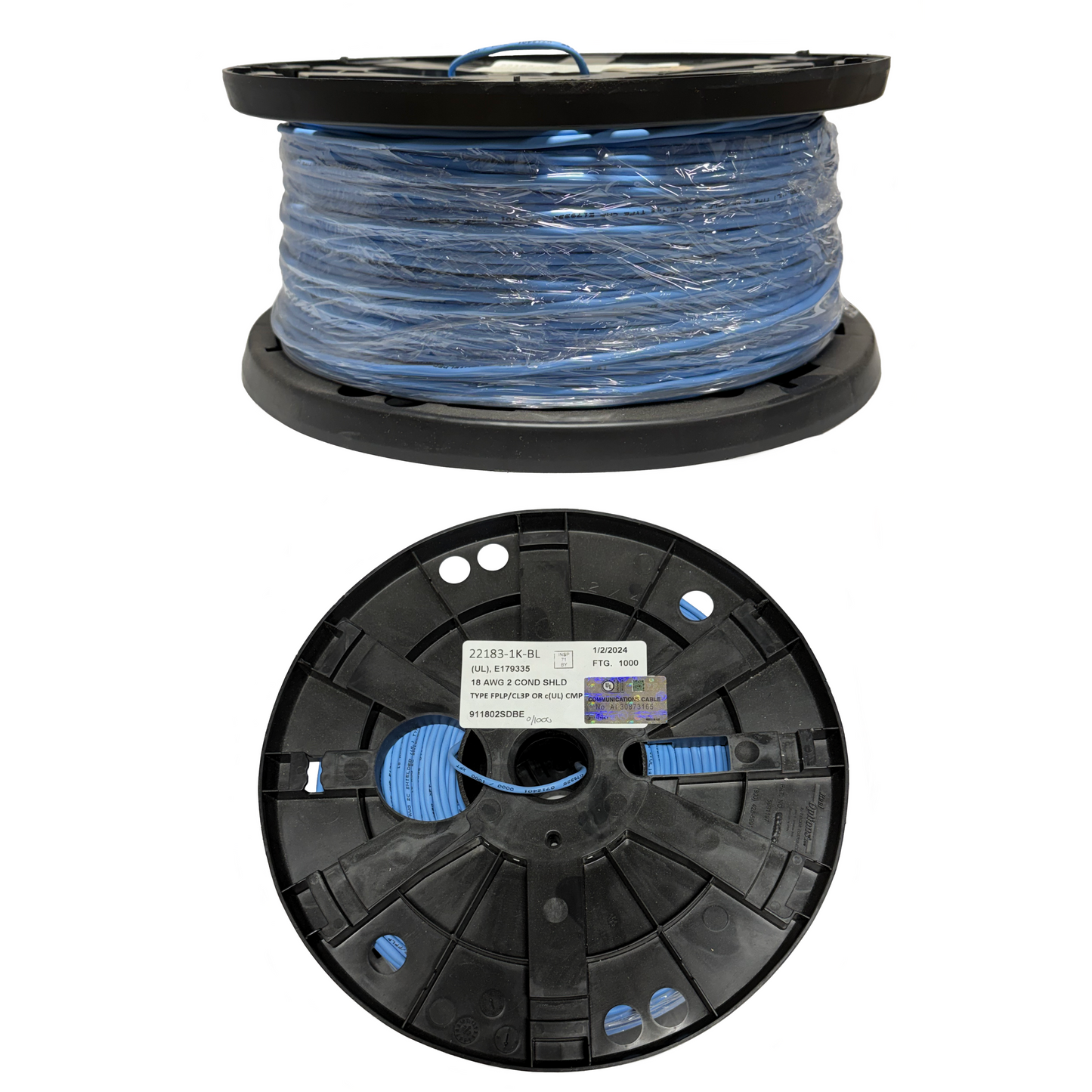18 AWG 2 Conductor Stranded Shielded Blue Cable 1000ft Spool