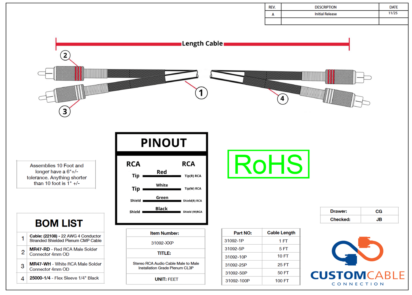 Stereo RCA Audio Cable Male to Male Installation Grade Plenum CL3P