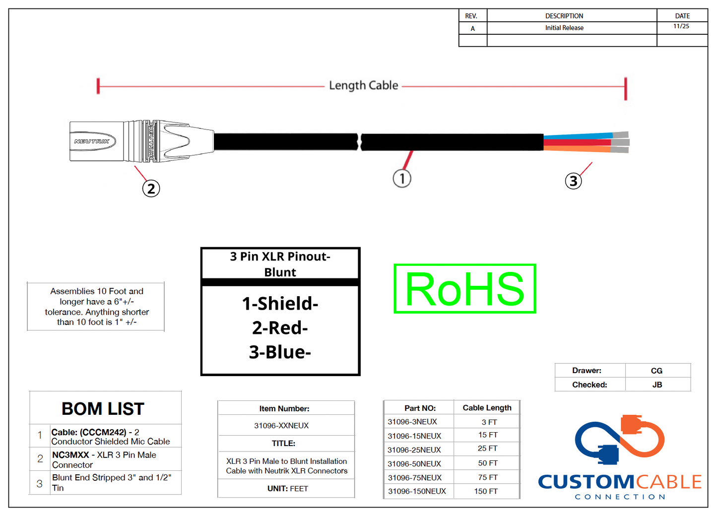 XLR 3 Pin to Blunt Installation Cable with Neutrik XLR Connectors (Male or Female Options)
