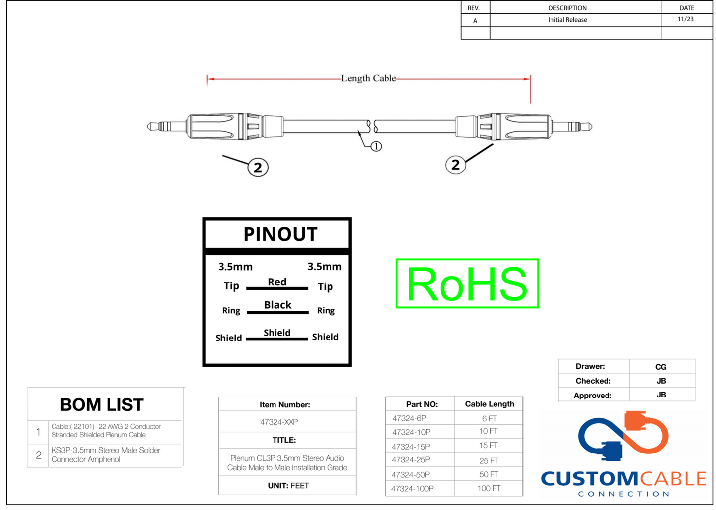 Plenum CL3P 3.5mm Stereo Audio Cable Male to Male Installation Grade