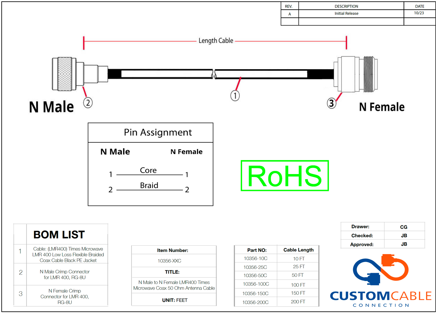 N Male to N Female Extension - Times Microwave LMR-400 50 Ohm Cables