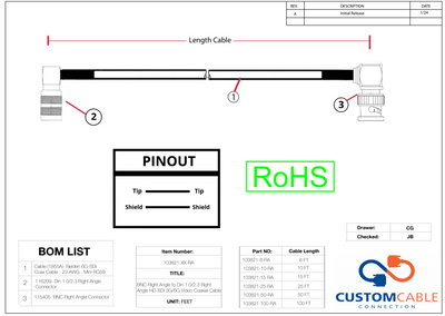 BNC Right Angle to Din 1.0/2.3 Right Angle HD-SDI 3G/6G Video Coaxial Cable