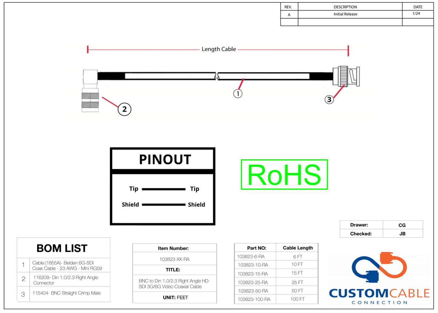 BNC to Din 1.0/2.3 Right Angle HD-SDI 3G/6G Video Coaxial Cable