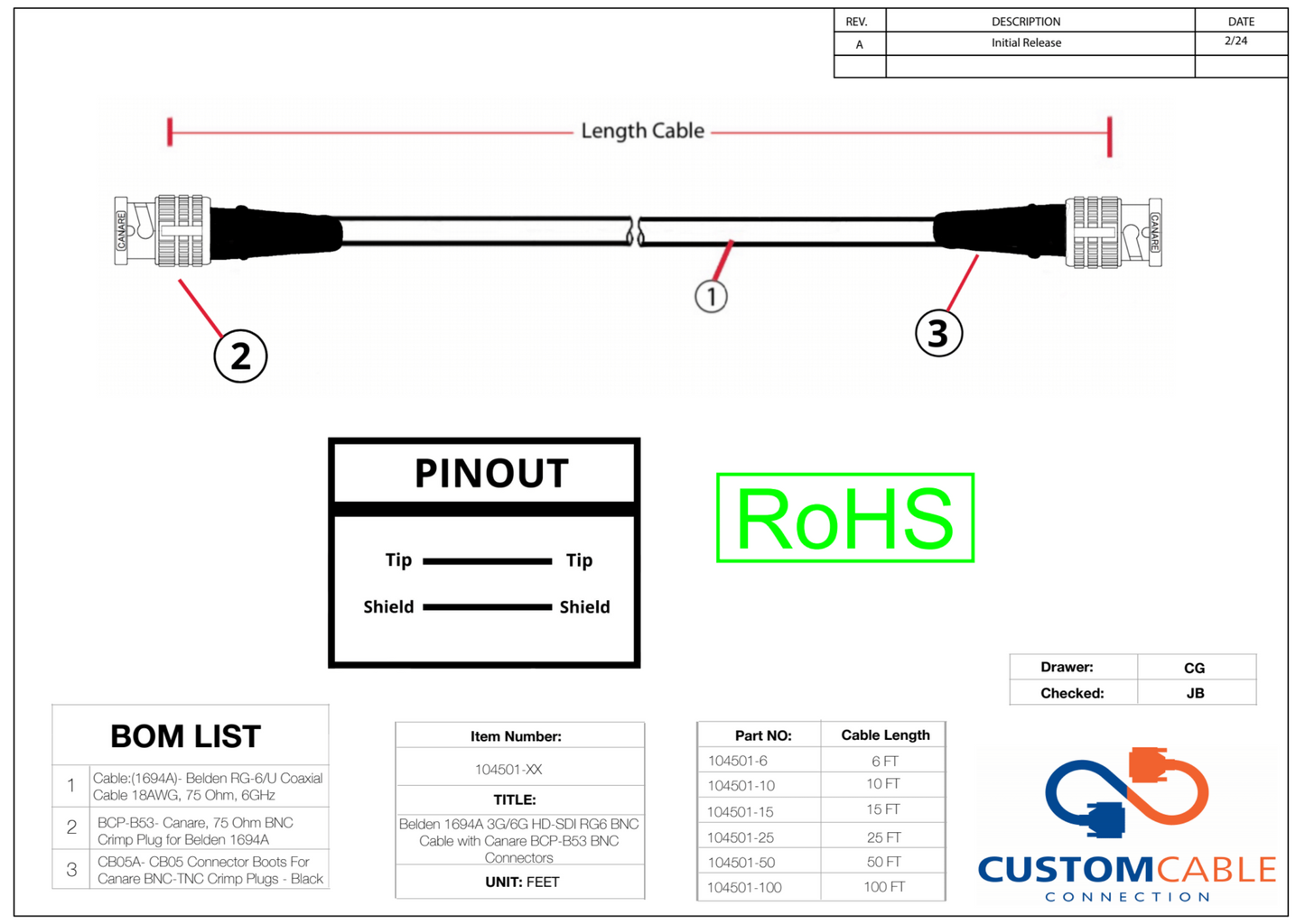 Belden 1694A 3G/6G HD-SDI RG6 BNC Cable with Canare BCP-B53 BNC Connectors