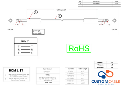 Pro Audio 1/4 inch TRS to 1/4 inch TRS Balanced Cable with Rean NYS228