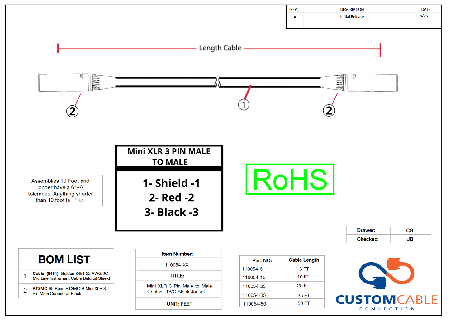 Mini XLR 3 Pin Male to Male Cables - PVC Black Jacket