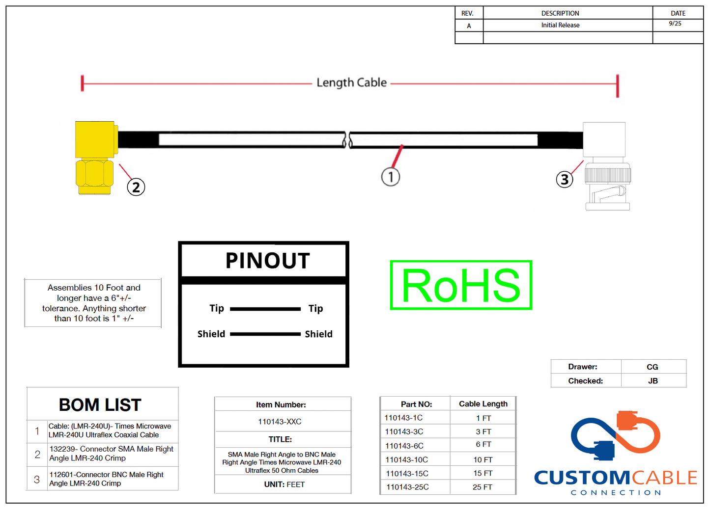 SMA Male Right Angle to BNC Male Right Angle Times Microwave LMR-240 Ultraflex 50 Ohm Cables