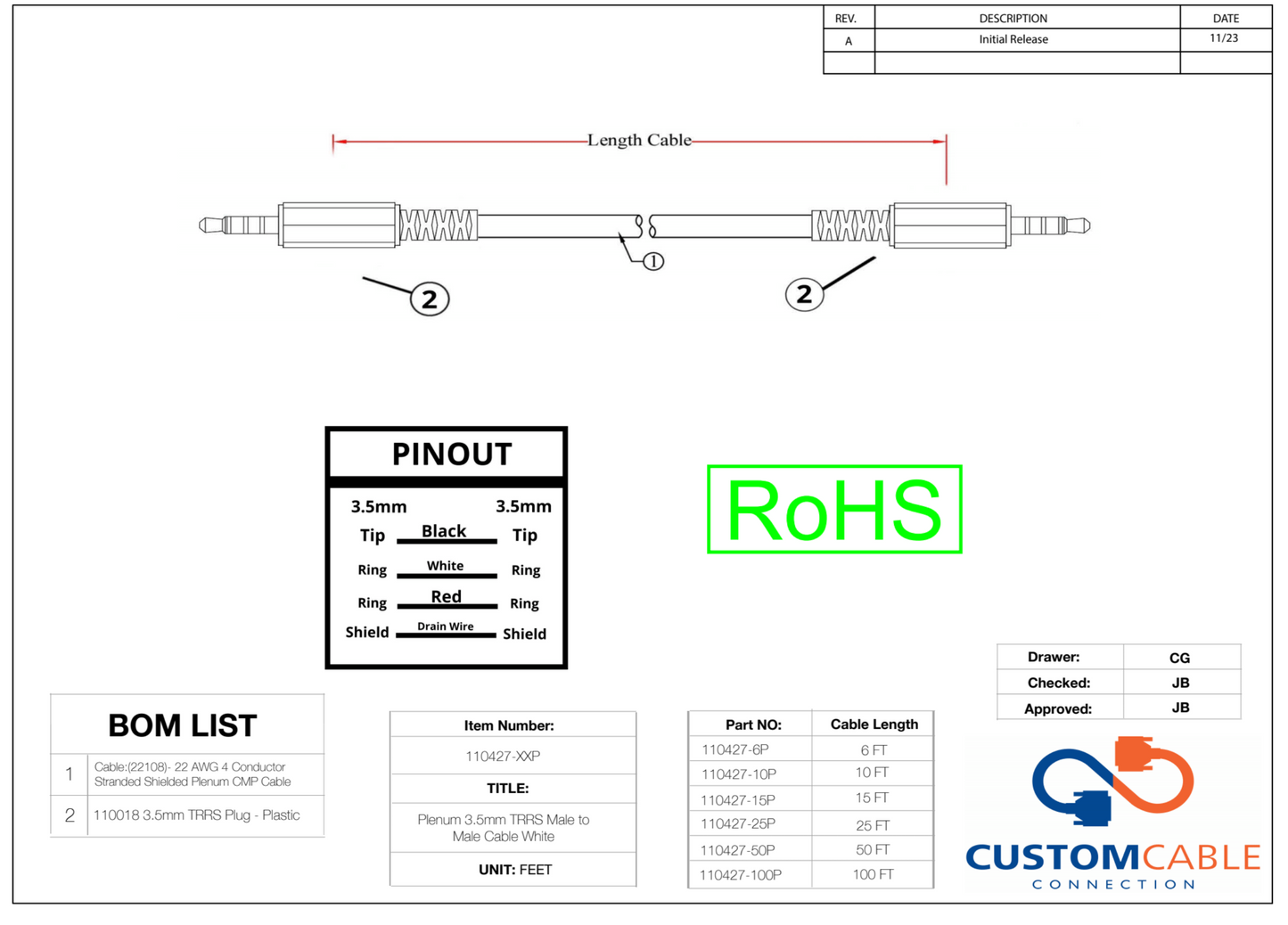 Plenum 3.5mm TRRS Male to Male Cable - Installation Grade