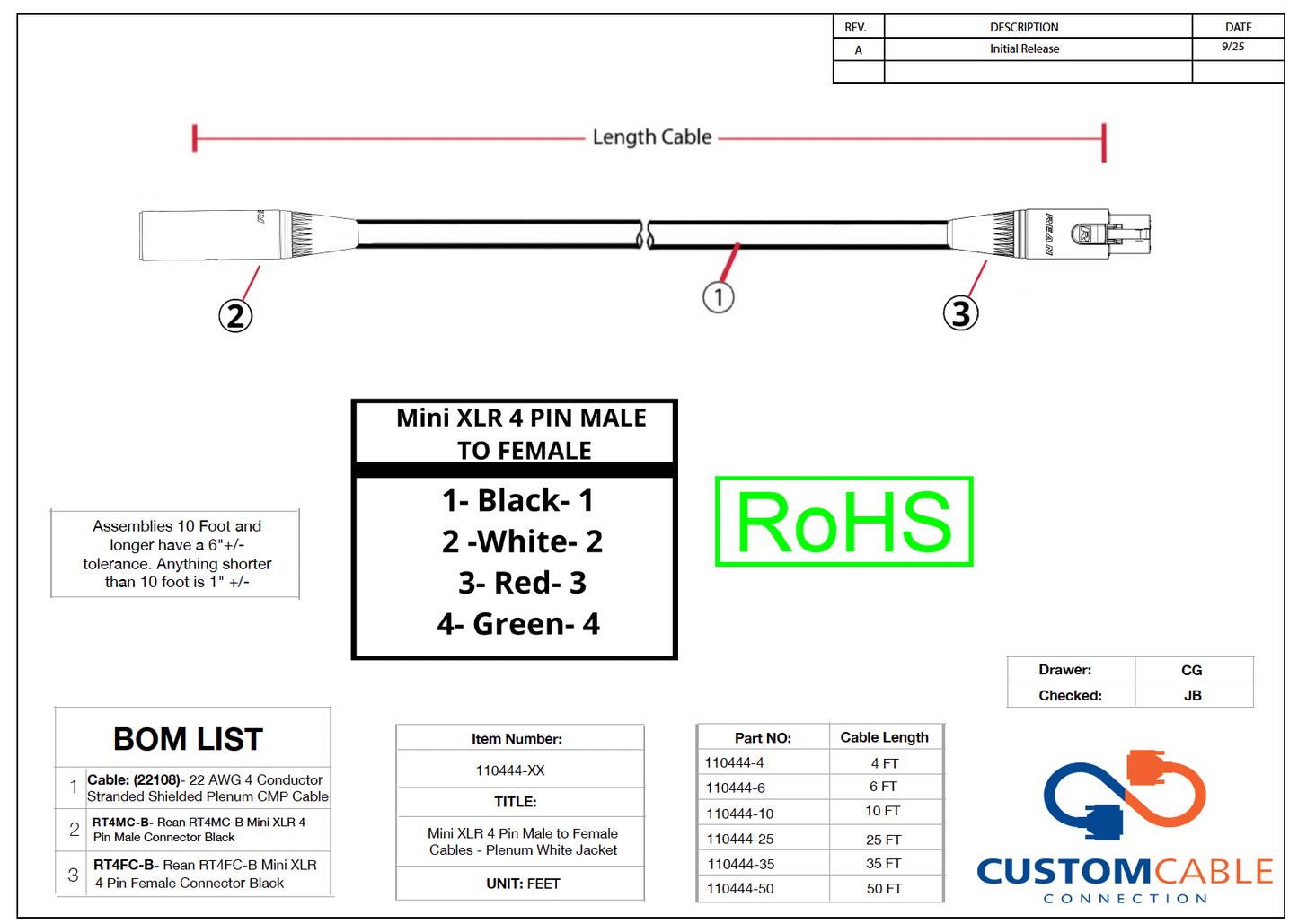 Mini XLR 4 Pin Male to Female Cables - Plenum White Jacket