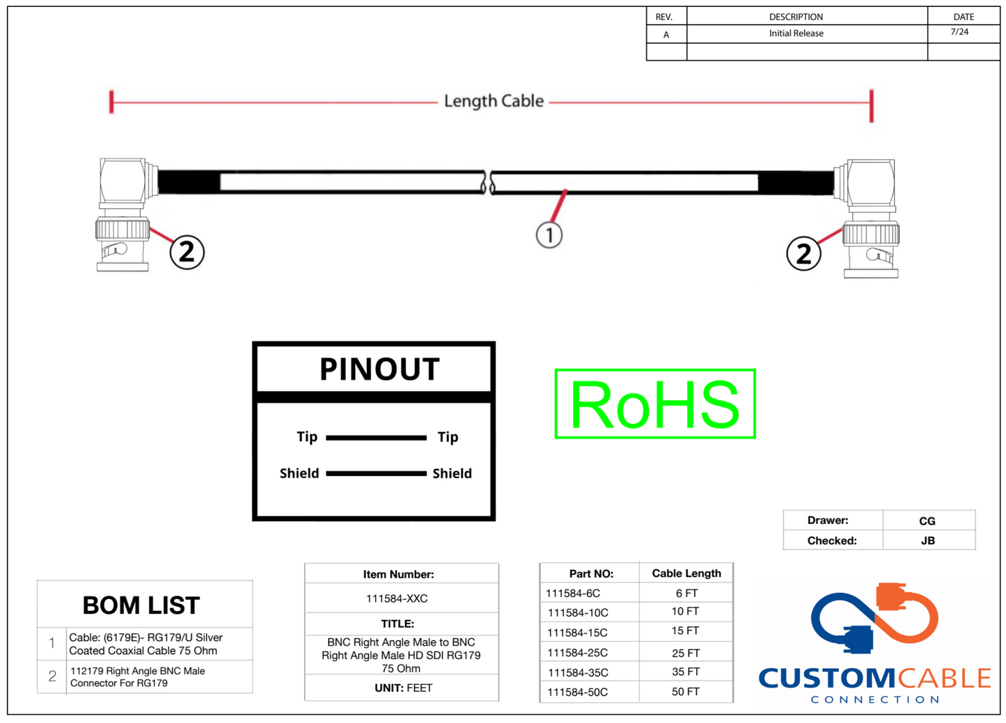 BNC Right Angle Male to BNC Right Angle Male HD SDI RG179 75 Ohm