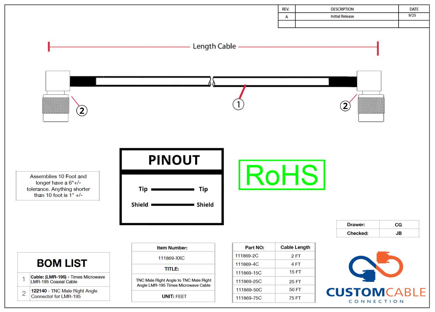 TNC Male Right Angle to TNC Male Right Angle LMR-195 Times Microwave Cable
