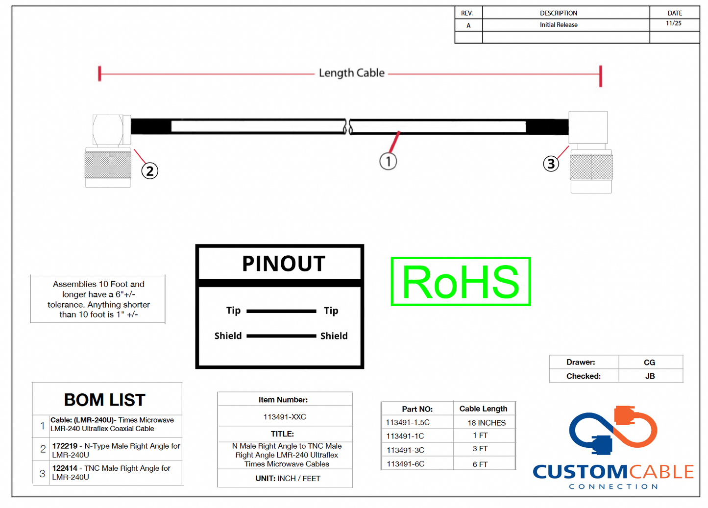 N Male Right Angle to TNC Male Right Angle LMR-240 Ultraflex Times Microwave Cables