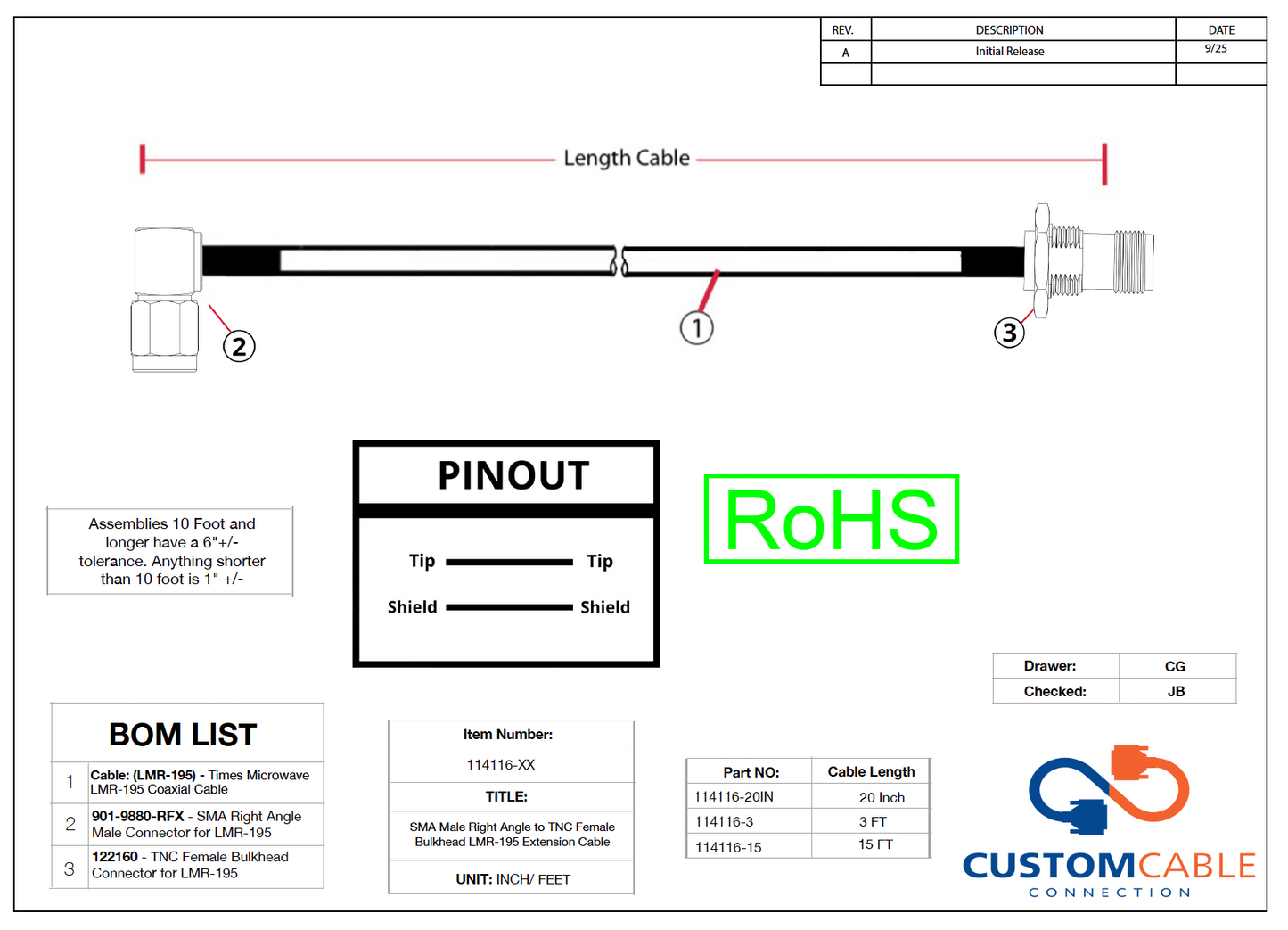 SMA Male Right Angle to TNC Female Bulkhead LMR-195 Extension Cable