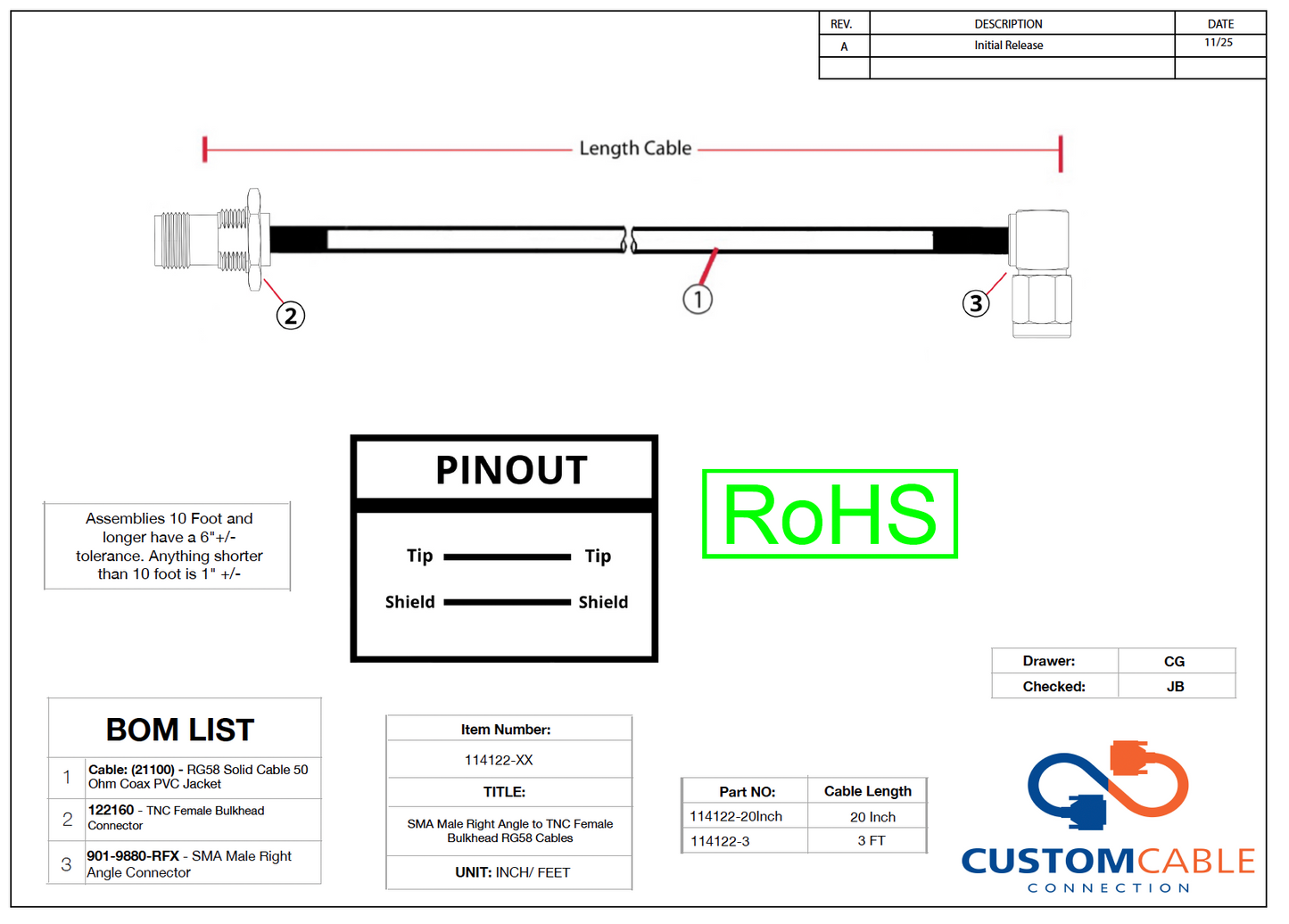 SMA Male Right Angle to TNC Female Bulkhead RG58 Cables