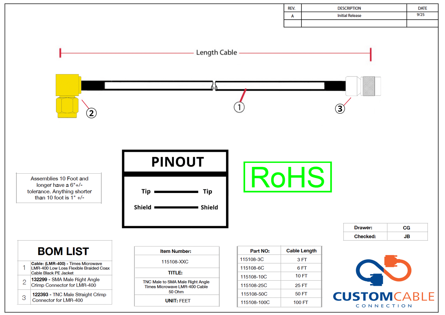 TNC Male to SMA Male Right Angle Times Microwave LMR-400 Cable 50 Ohm