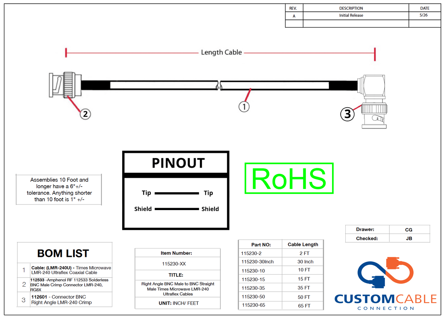 Right Angle BNC Male to BNC Straight Male Times Microwave LMR-240 Ultraflex Cables