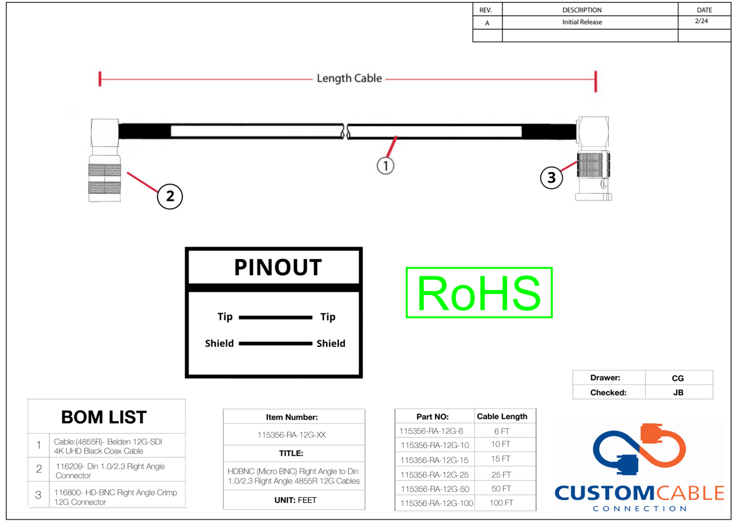 HDBNC (Micro BNC) Right Angle to Din 1.0/2.3 Right Angle 4855R 12G Cables