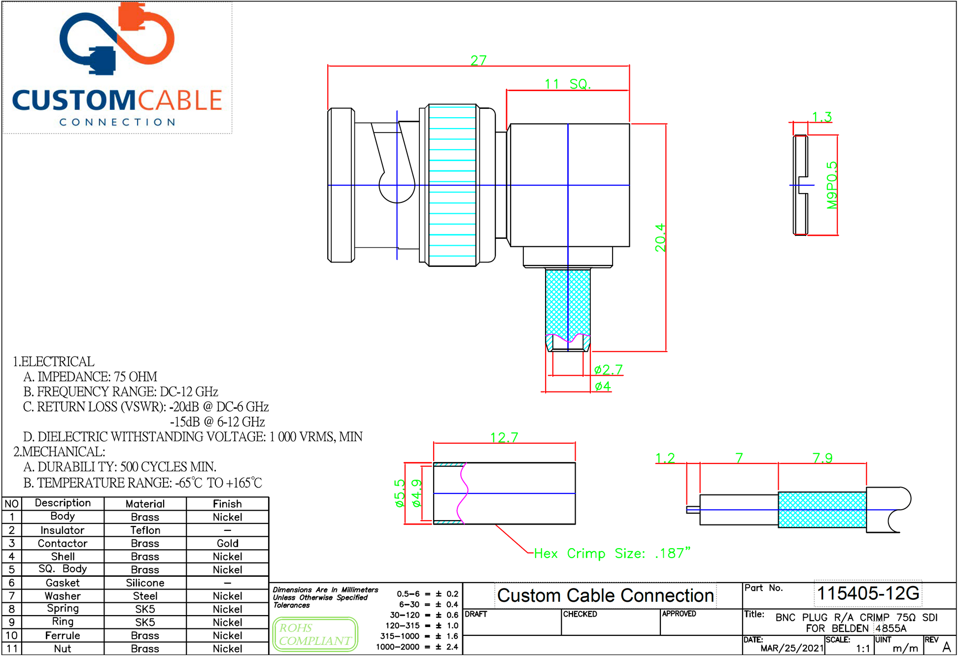 BNC Right Angle Connector for Belden 4855R - 12 GHz - 75 Ohm