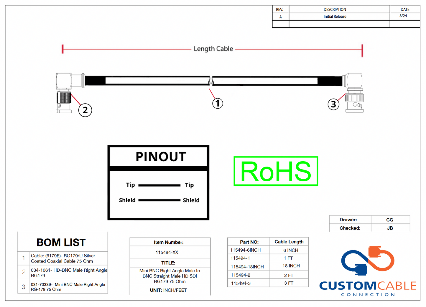 Mini BNC Right Angle Male to HD BNC Right Angle Male HD SDI RG179 75 Ohm