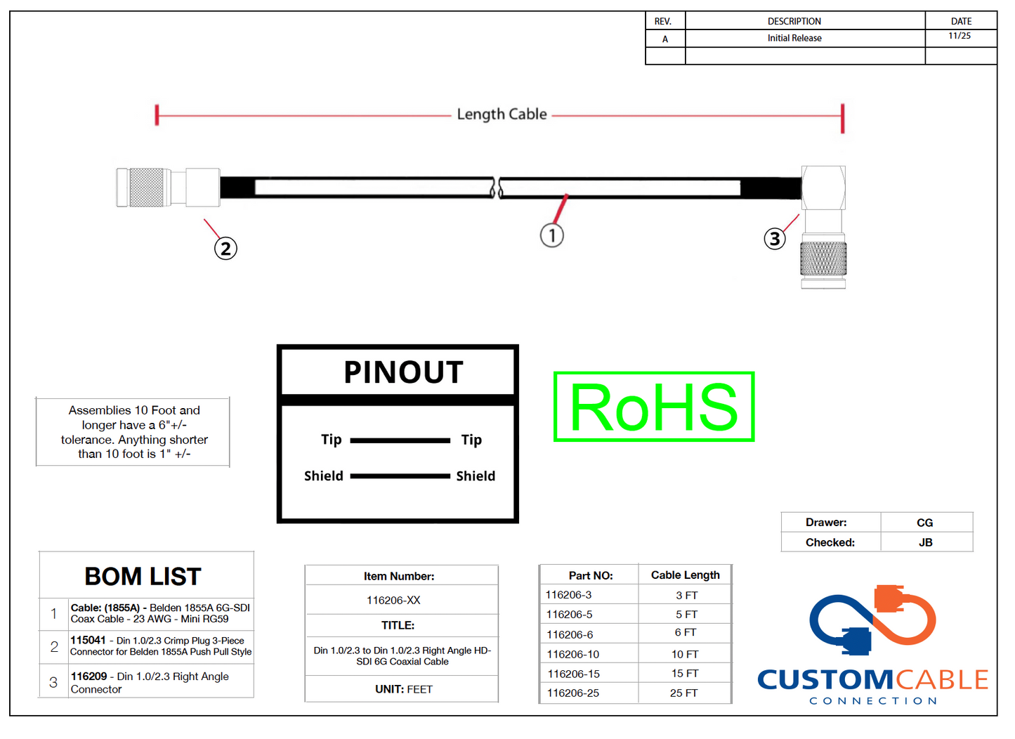 Din 1.0/2.3 to Din 1.0/2.3 Right Angle HD-SDI 6G Coaxial Cable