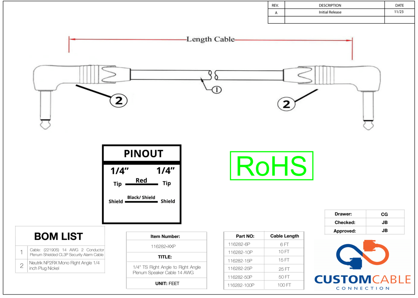 1/4" TS Right Angle to Right Angle Plenum Speaker Cable 14 AWG