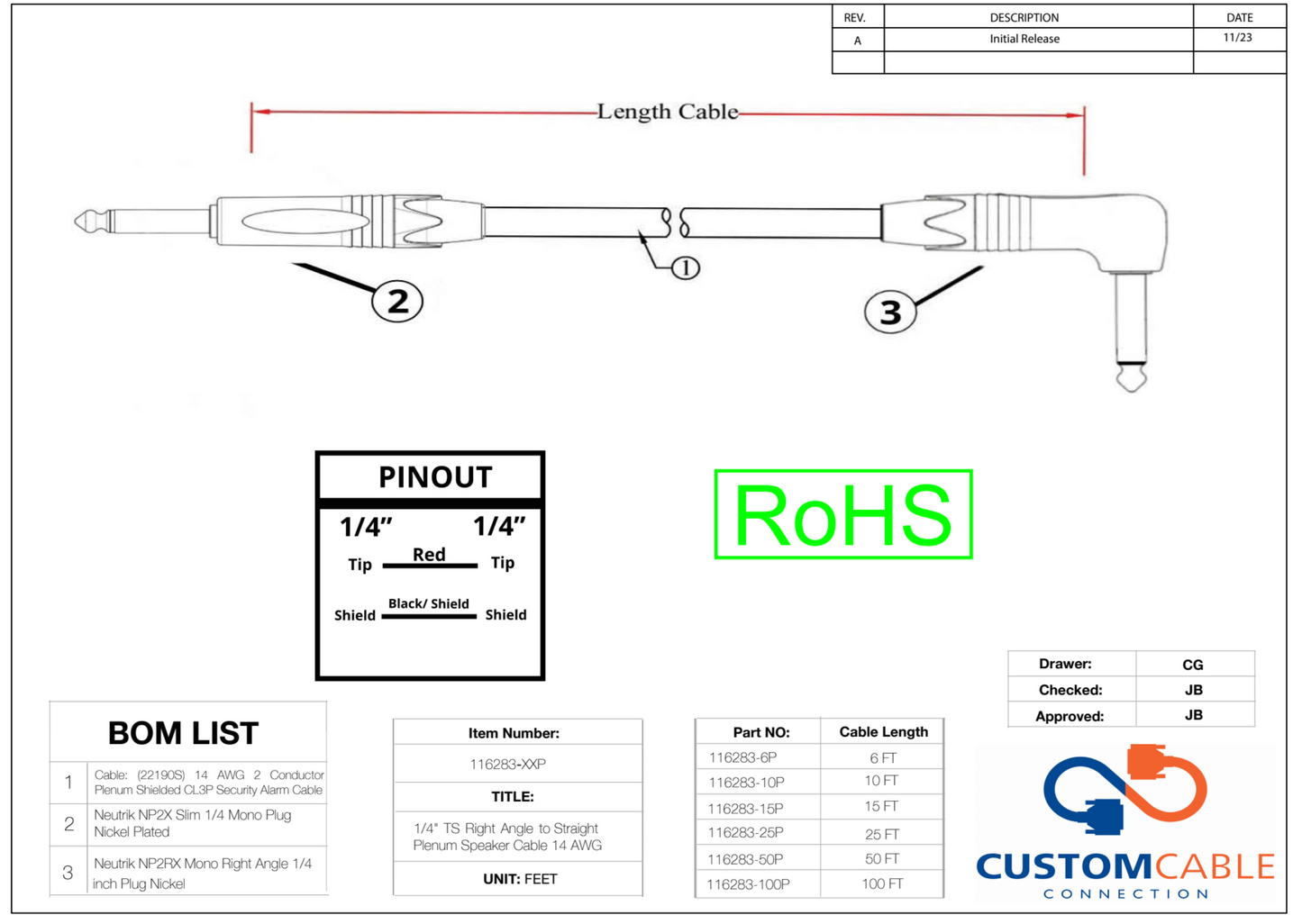 1/4" TS Right Angle to Straight Plenum Speaker Cable 14 AWG