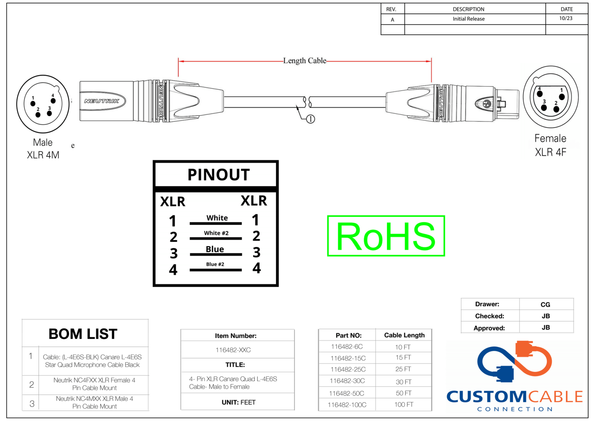 4-Pin XLR Canare Quad L-4E6S Cable - Male to Female