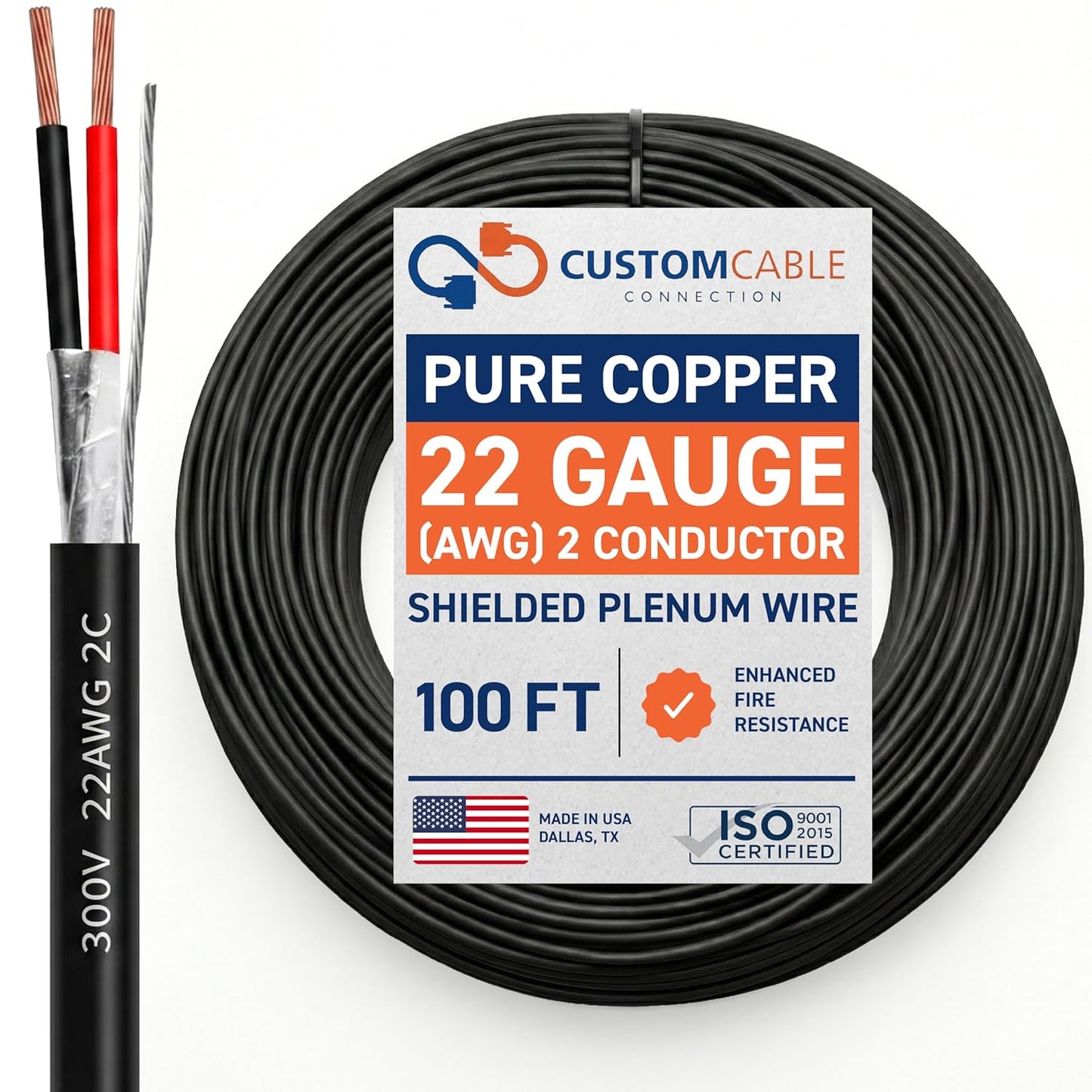 22 AWG 2 Conductor Stranded Shielded Plenum Cable (500ft, 1000ft)
