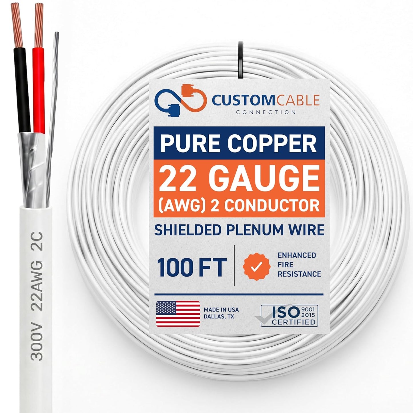 22 AWG 2 Conductor Stranded Shielded Plenum Cable (500ft, 1000ft)