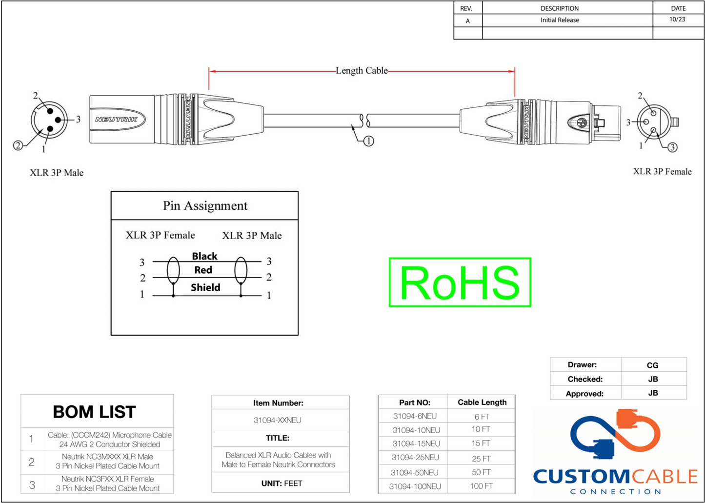 Balanced XLR Audio Cables with Male to Female Neutrik Connectors All Lengths Available