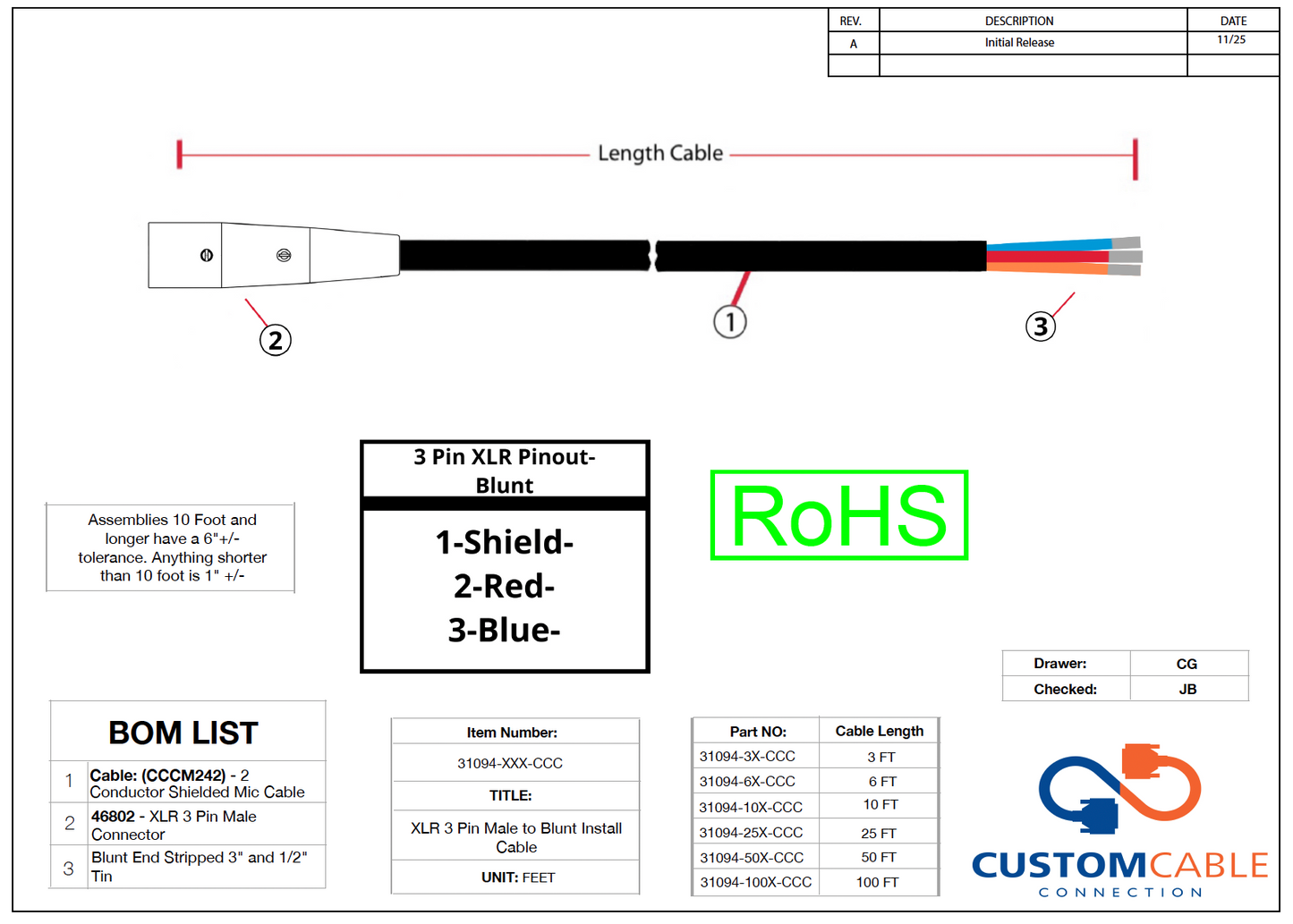 XLR 3 Pin Male to Blunt Install Cables - 24 AWG Flexible Shielded Audio Cable