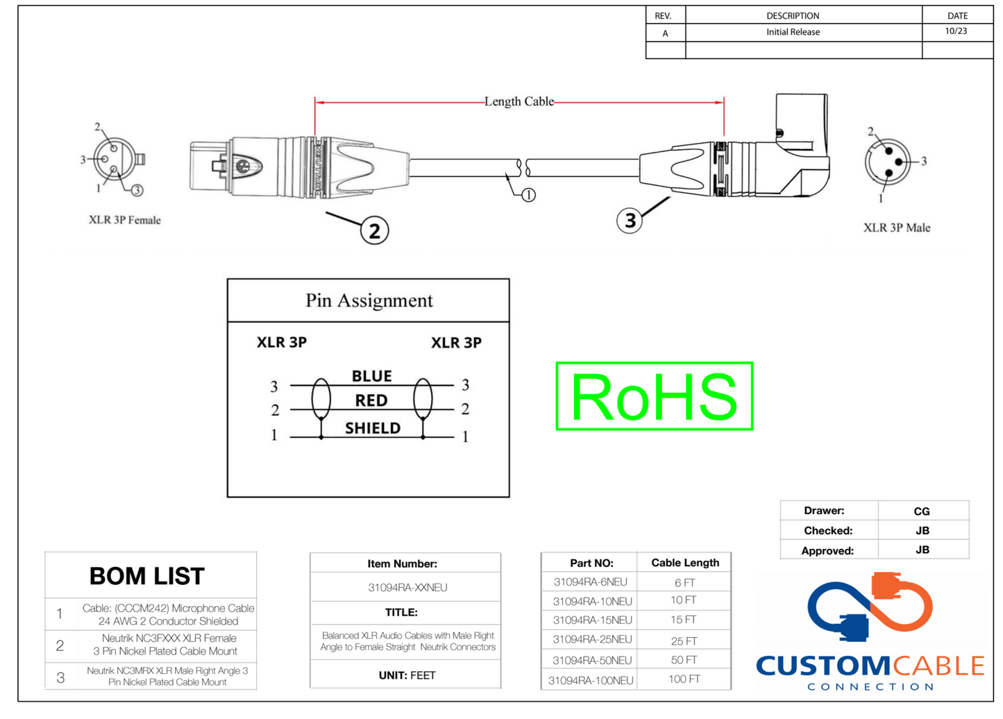 XLR Audio Cable with Male Right Angle to Female Straight Neutrik Connectors