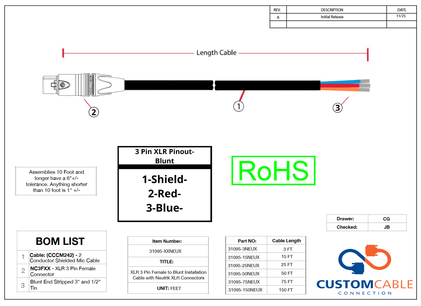 XLR 3 Pin to Blunt Installation Cable with Neutrik XLR Connectors (Male or Female Options)