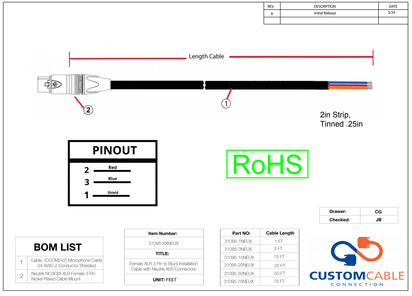 XLR 3 Pin to Blunt Installation Cable with Neutrik XLR Connectors (Male or Female Options)