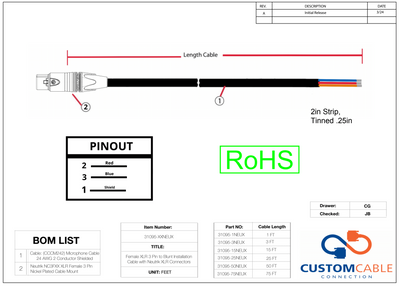 XLR 3 Pin to Blunt Installation Cable with Neutrik XLR Connectors (Male or Female Options)