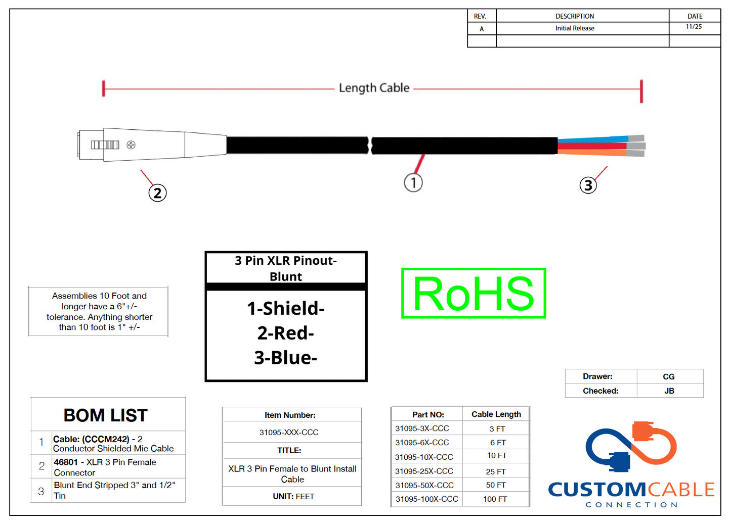 XLR 3 Pin Female to Blunt Install Cable