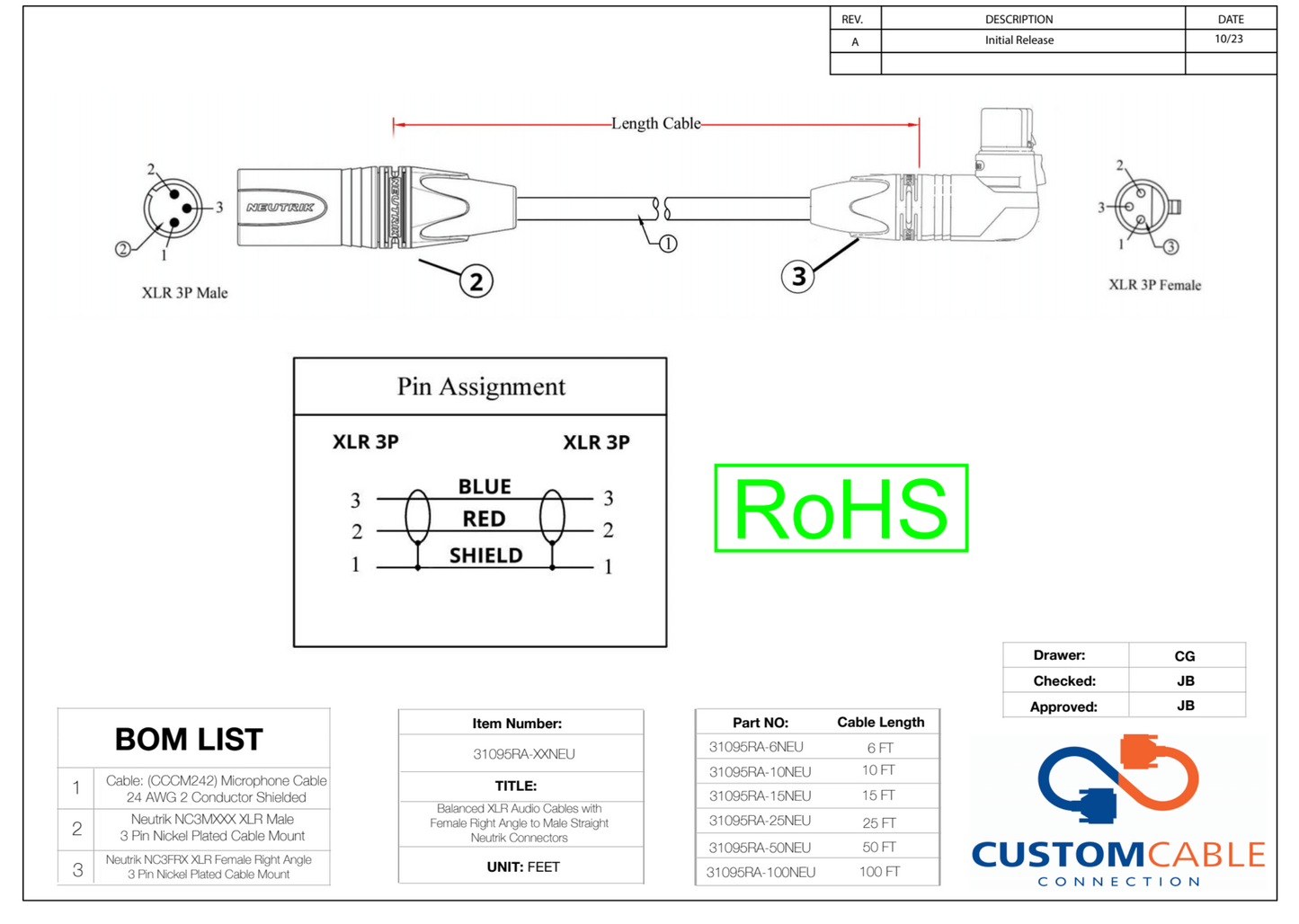 XLR Audio Cable with Female Right Angle to Male Straight Neutrik Connector