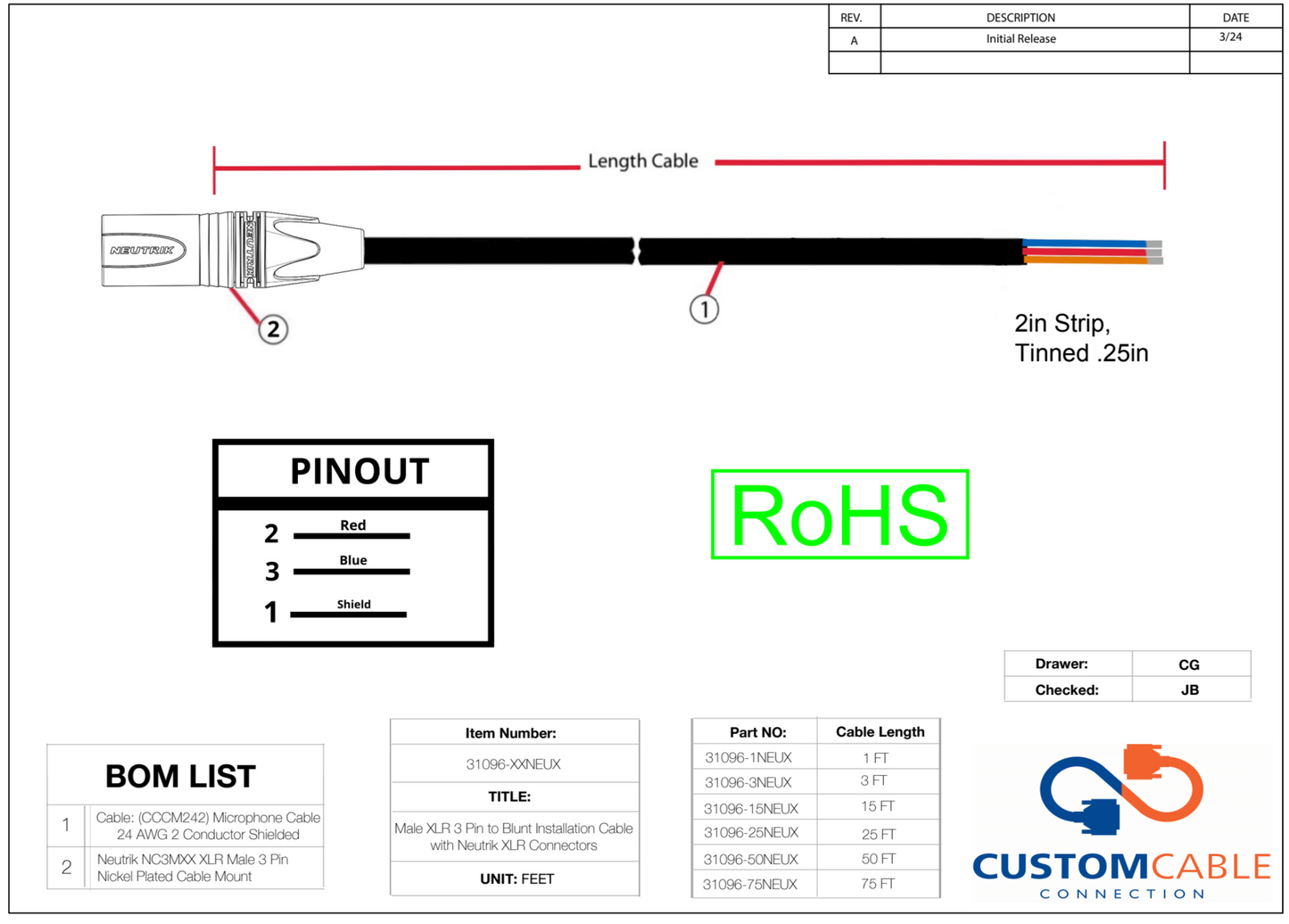 XLR 3 Pin to Blunt Installation Cable with Neutrik XLR Connectors (Male or Female Options)