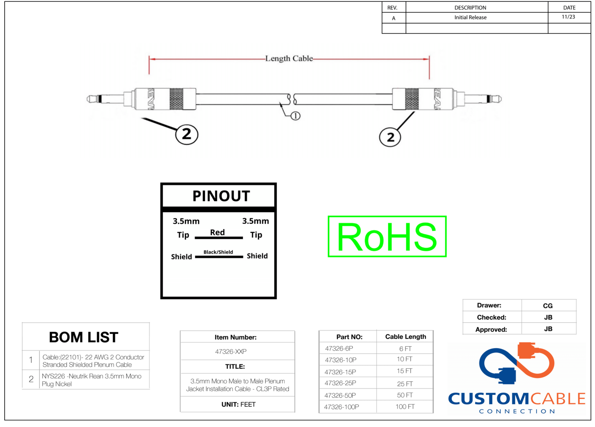 3.5mm Mono Male to Male Plenum Jacket Installation Cable - CL3P Rated