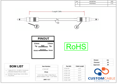 3.5mm Mono Male to Male Plenum Jacket Installation Cable - CL3P Rated