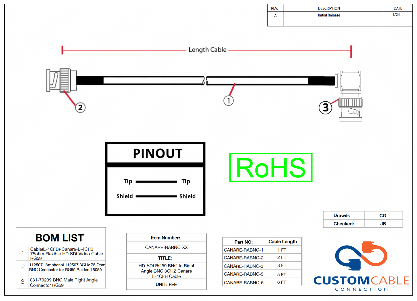 HD-SDI RG59 BNC to Right Angle BNC 3GHZ Canare L-4CFB Cable