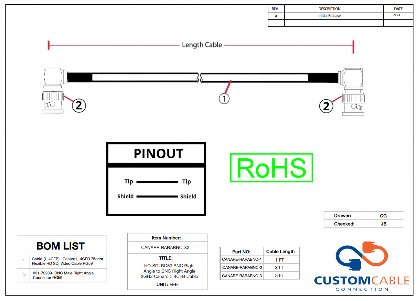 HD-SDI RG59 BNC Right Angle to BNC Right Angle 3GHZ Canare L-4CFB Cable